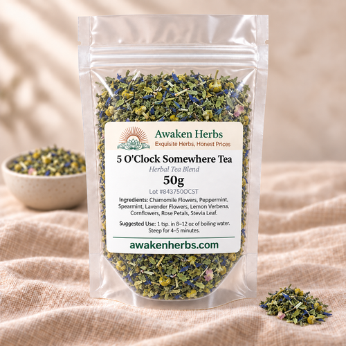 Awaken Herbs 5 O'Clock Somewhere Tea 50g in a clear stand-up pouch on beige linen, with a softly blurred bowl and one small product cluster.