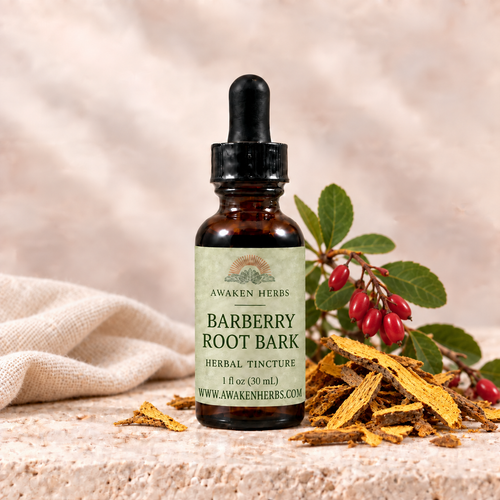 Awaken Herbs Barberry Root Bark tincture bottle with botanical styling
