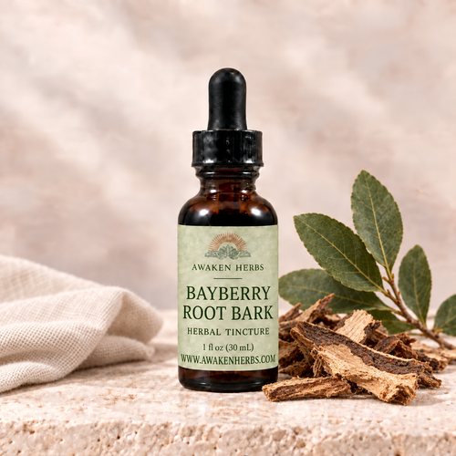 Awaken Herbs Bayberry Root Bark tincture bottle with botanical styling