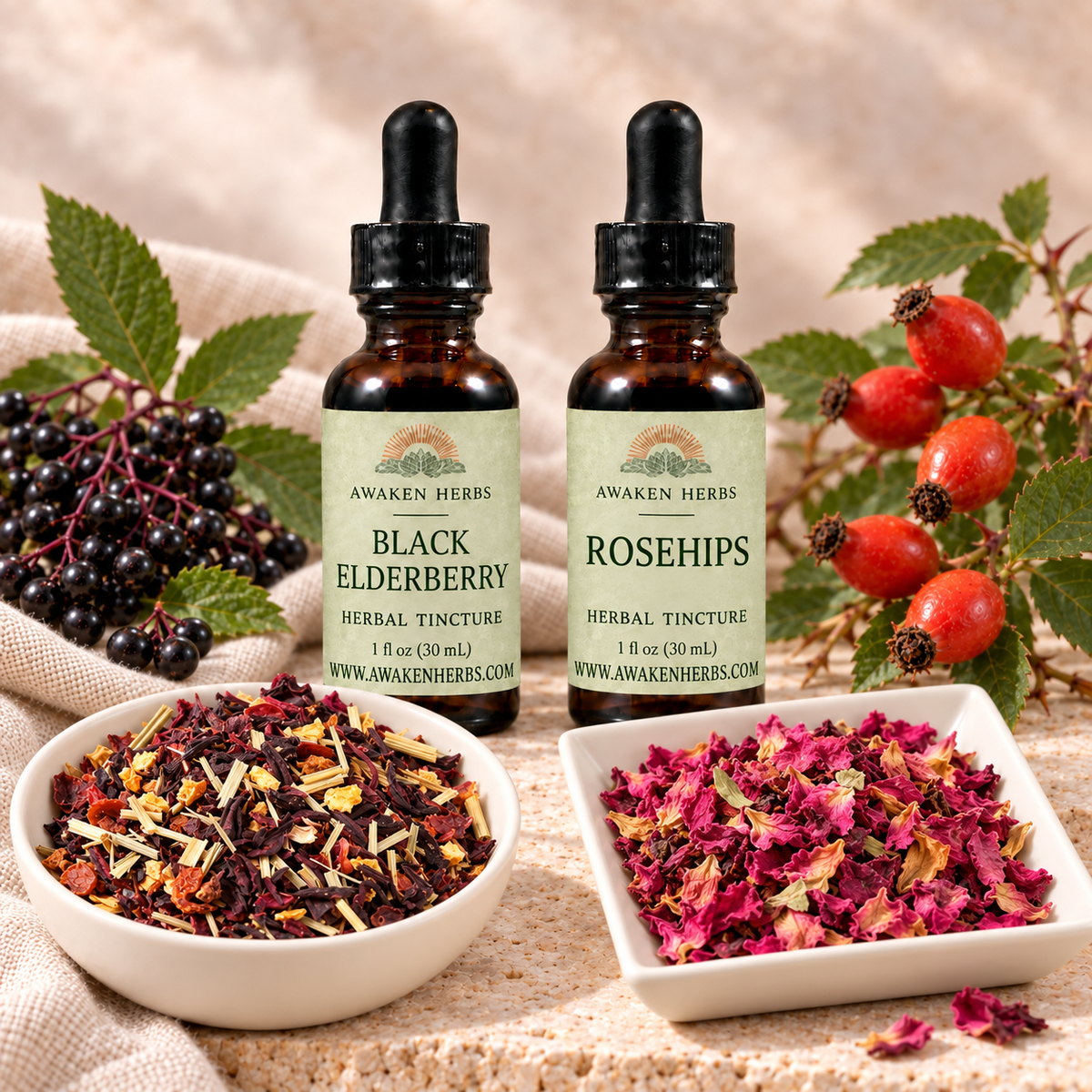 Berry & Blossom Bundle: Black Elderberry and Rosehips tinctures with Hibiscus Heaven Tea and Pink Rose Petals in separate dishes.