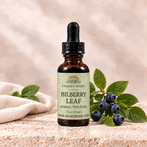 Awaken Herbs Bilberry Leaf tincture bottle with botanical styling