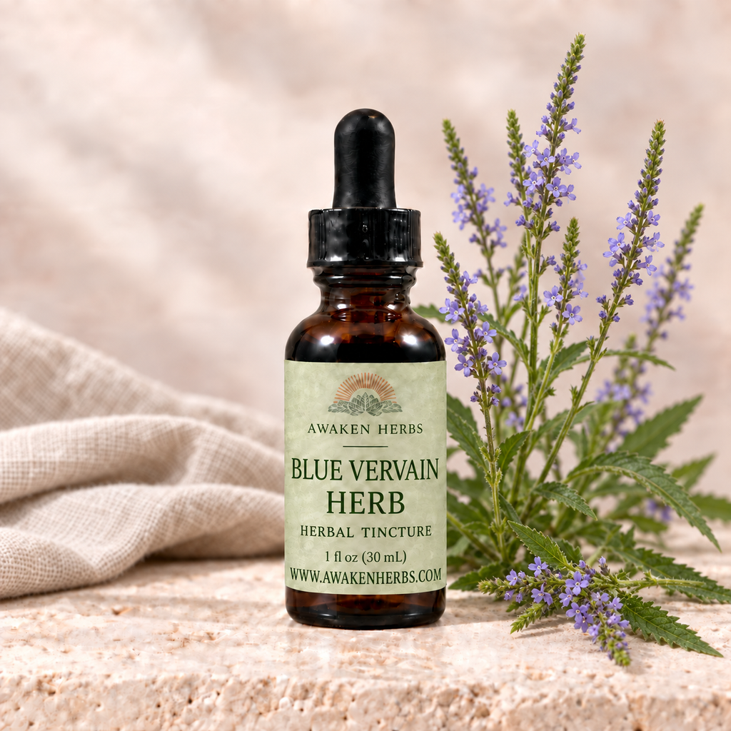 Awaken Herbs Blue Vervain Herb Tincture, 1 fl oz bottle with flowering blue vervain
