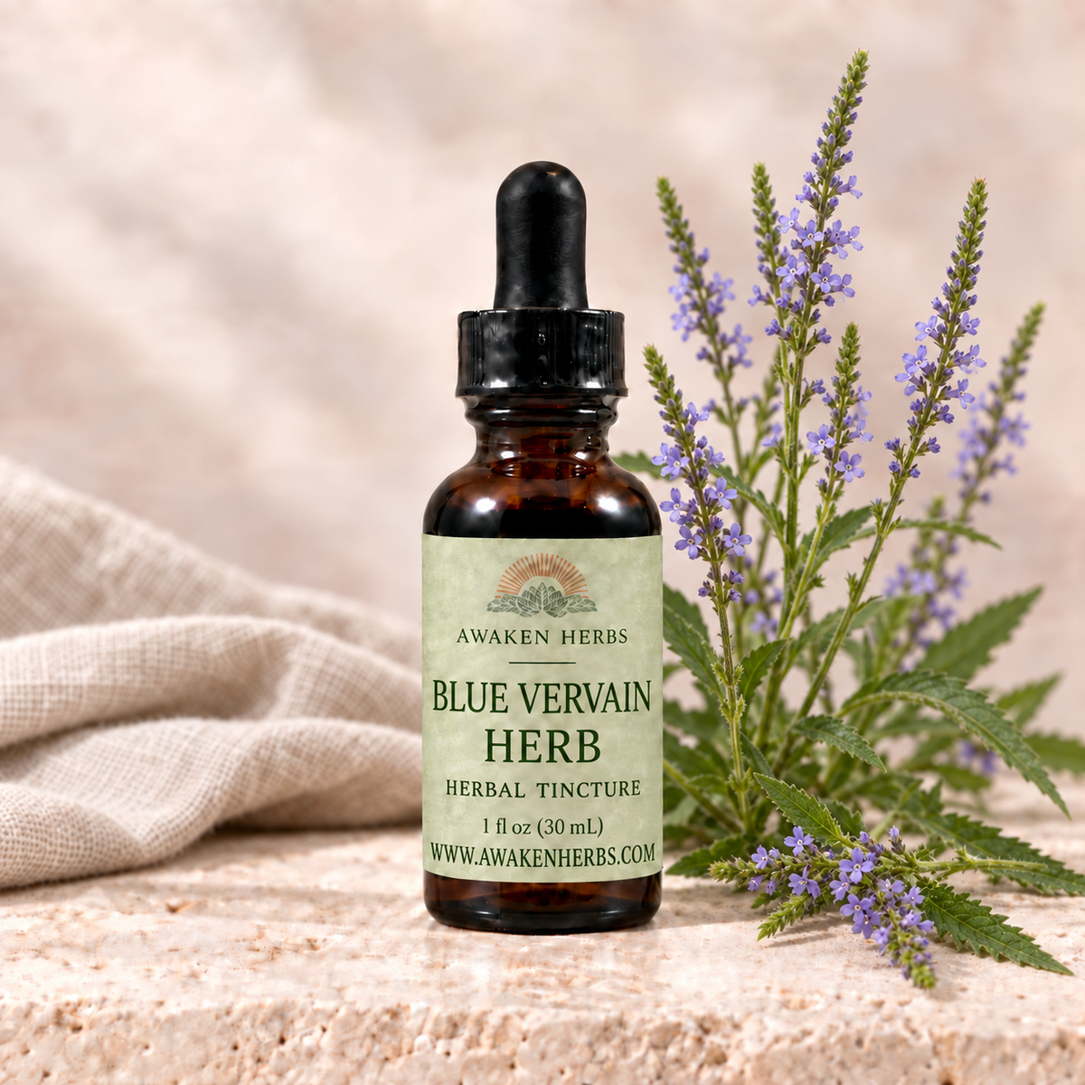 Awaken Herbs Blue Vervain Herb Tincture, 1 fl oz bottle with flowering blue vervain