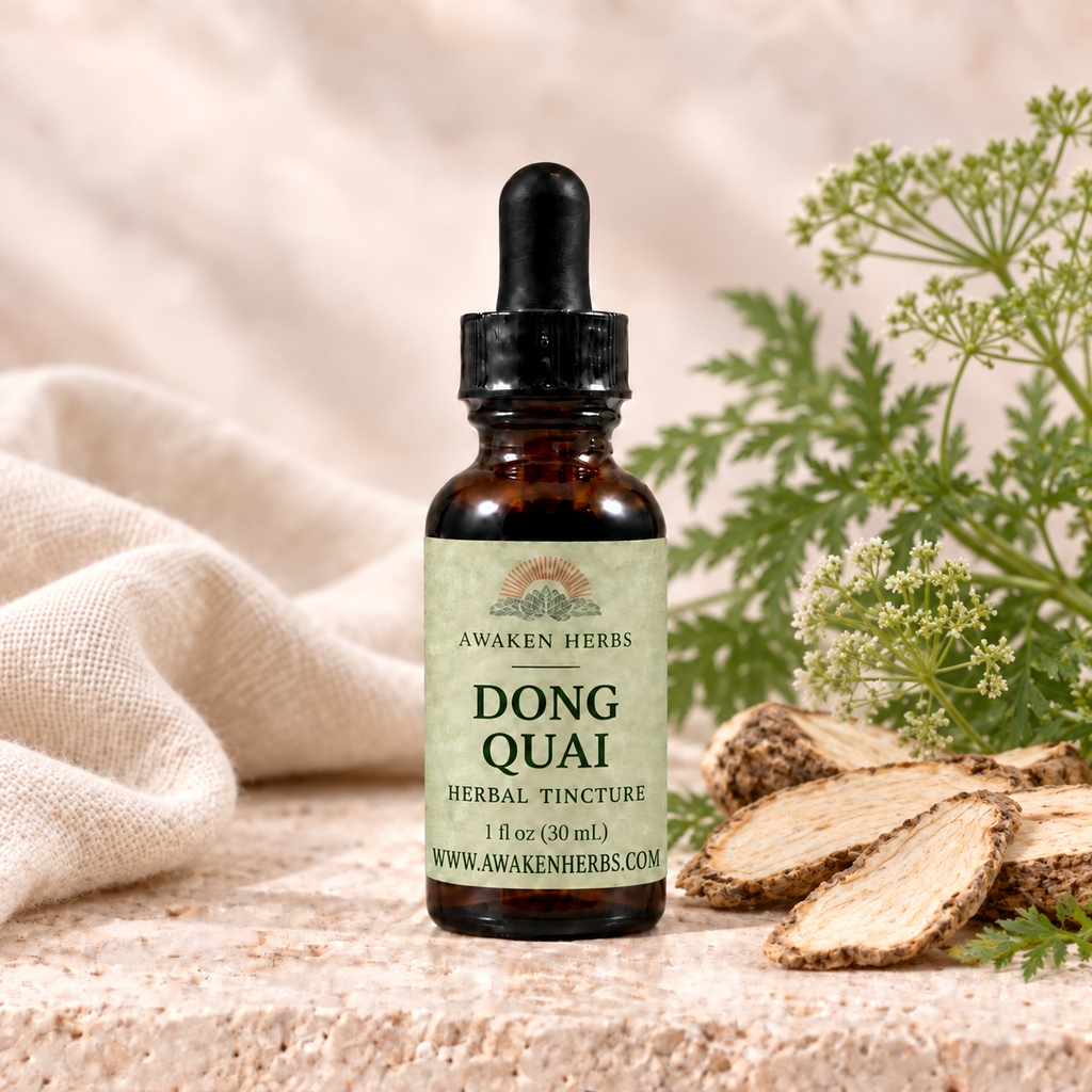 Awaken Herbs Dong Quai tincture bottle with botanical styling