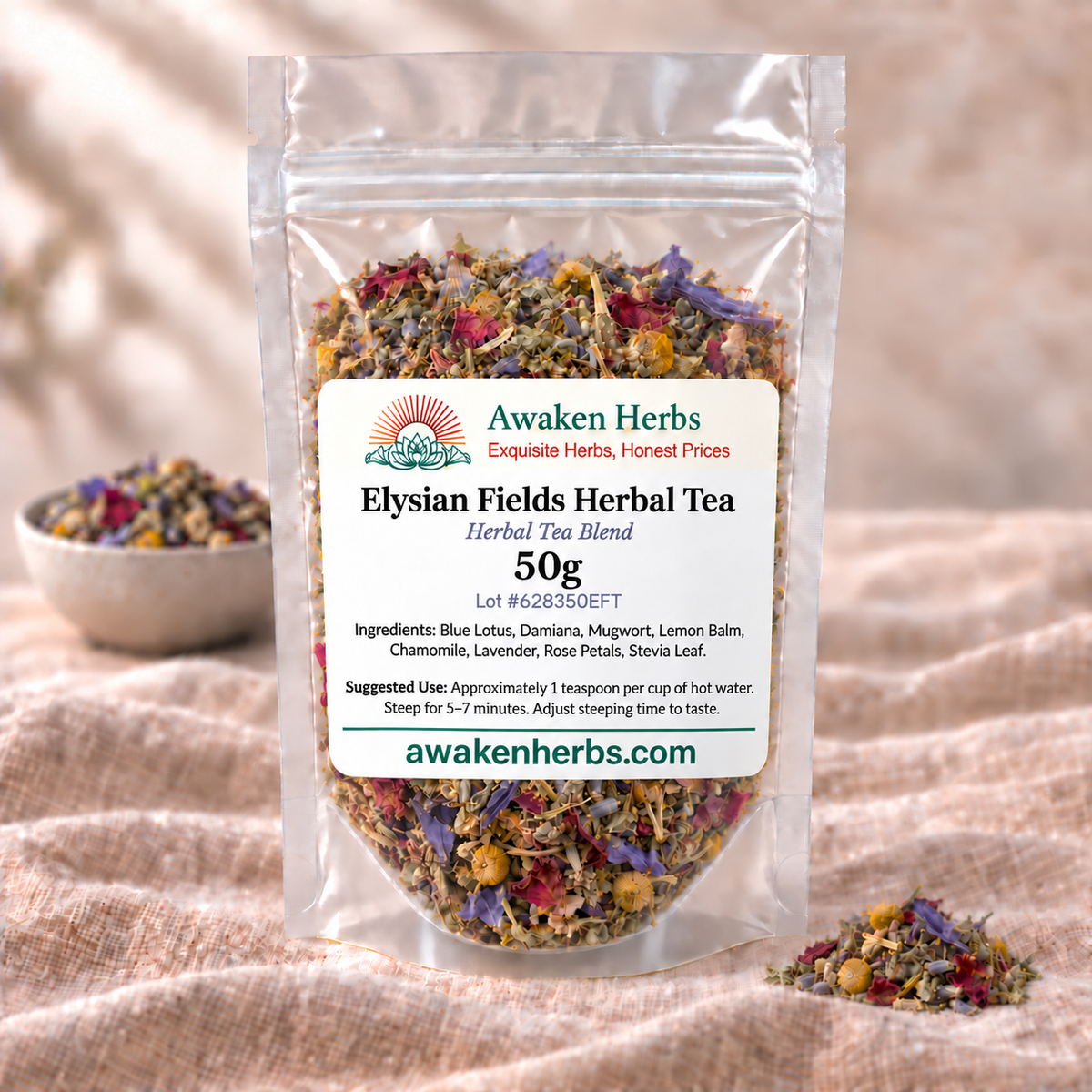 Elysian Fields Herbal Tea — 50g Awaken Herbs clear pouch on beige linen with the product bowl and a small foreground cluster.