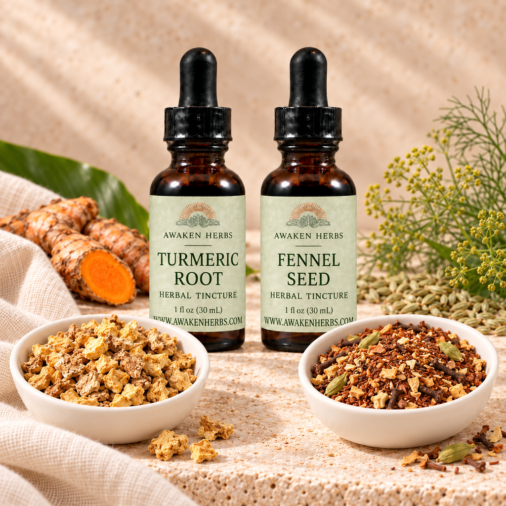 Golden Hour Bundle: Turmeric Root and Fennel Seed tinctures with separate bowls of cut Ginger Root and Fireside Chai Tea.
