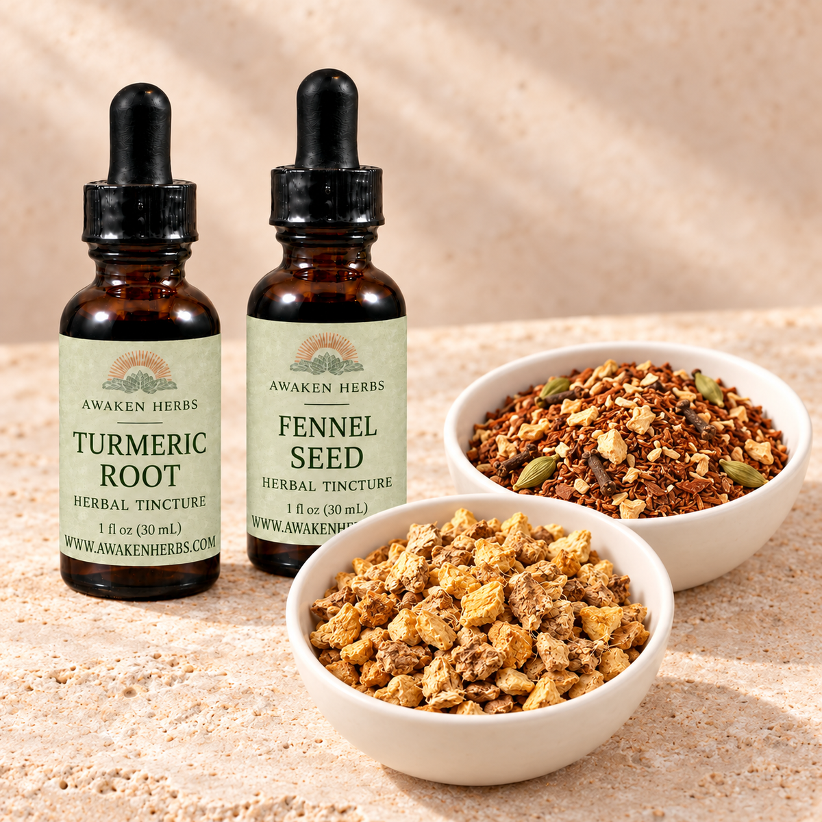 Golden Hour Bundle: two labeled 1 fl oz tinctures and separate ginger and chai bowls on pale stone.
