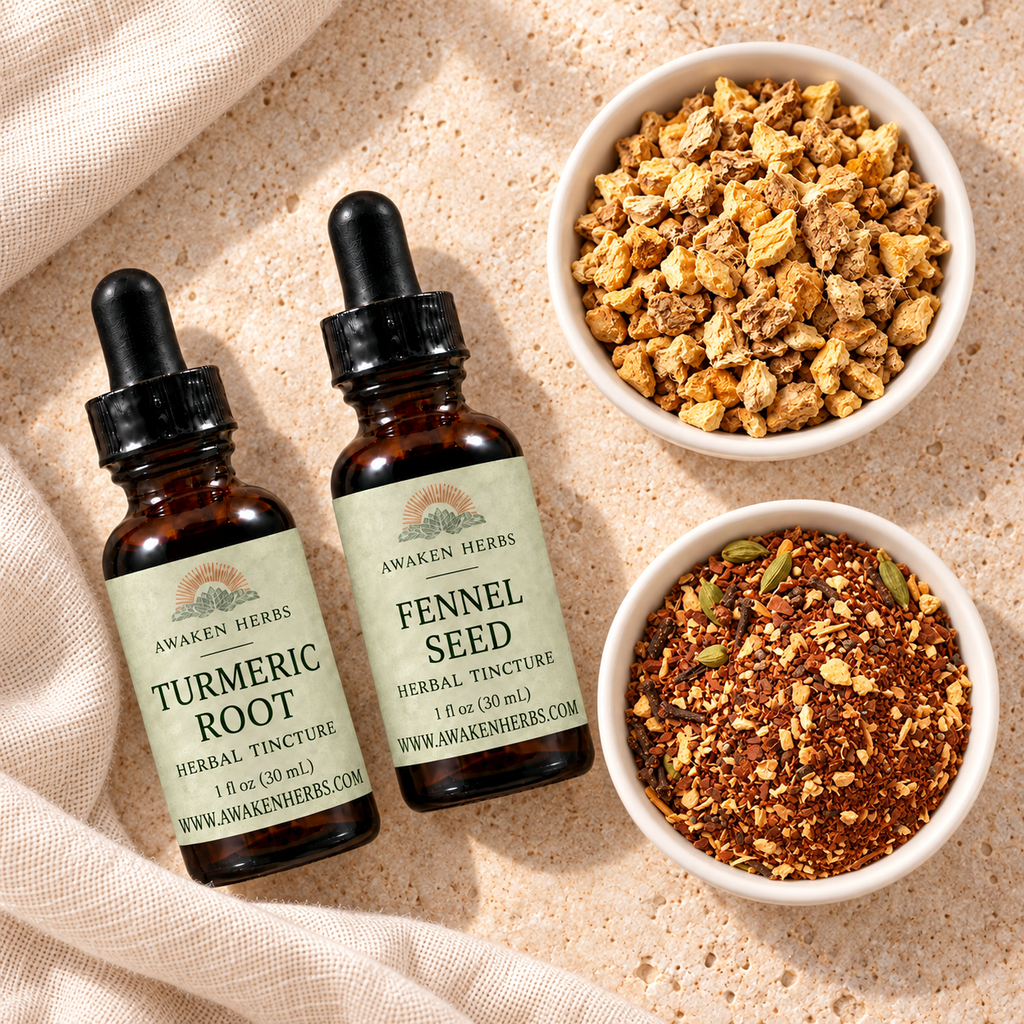 Golden Hour Bundle: overhead view of Turmeric Root and Fennel Seed tinctures beside cut ginger and loose chai.