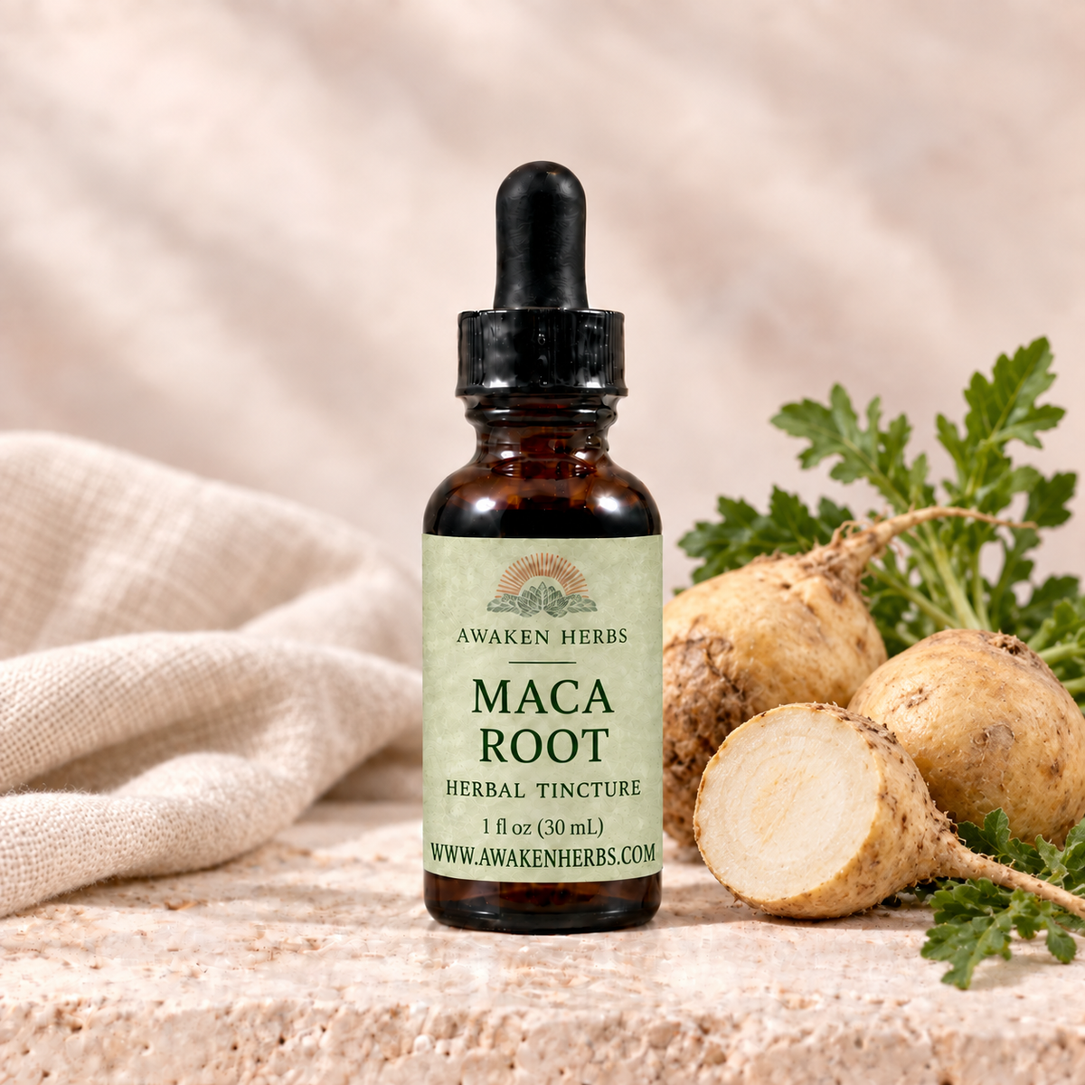 Awaken Herbs Maca Root tincture bottle with botanical styling