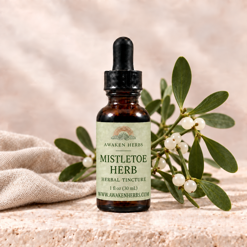 Awaken Herbs Mistletoe Herb Tincture, 1 fl oz bottle with mistletoe sprigs