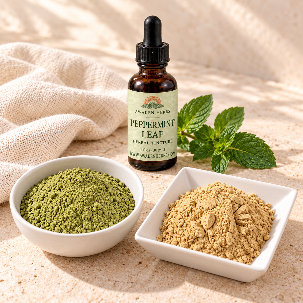 Morning Muse Bundle: Peppermint Leaf tincture, Matcha Tea Powder in a round bowl and Lion's Mane Mushroom Powder in a square dish. View 1.