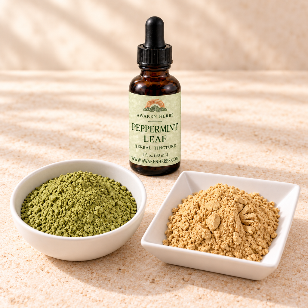 Morning Muse Bundle: Peppermint Leaf tincture, Matcha Tea Powder in a round bowl and Lion's Mane Mushroom Powder in a square dish. View 2.