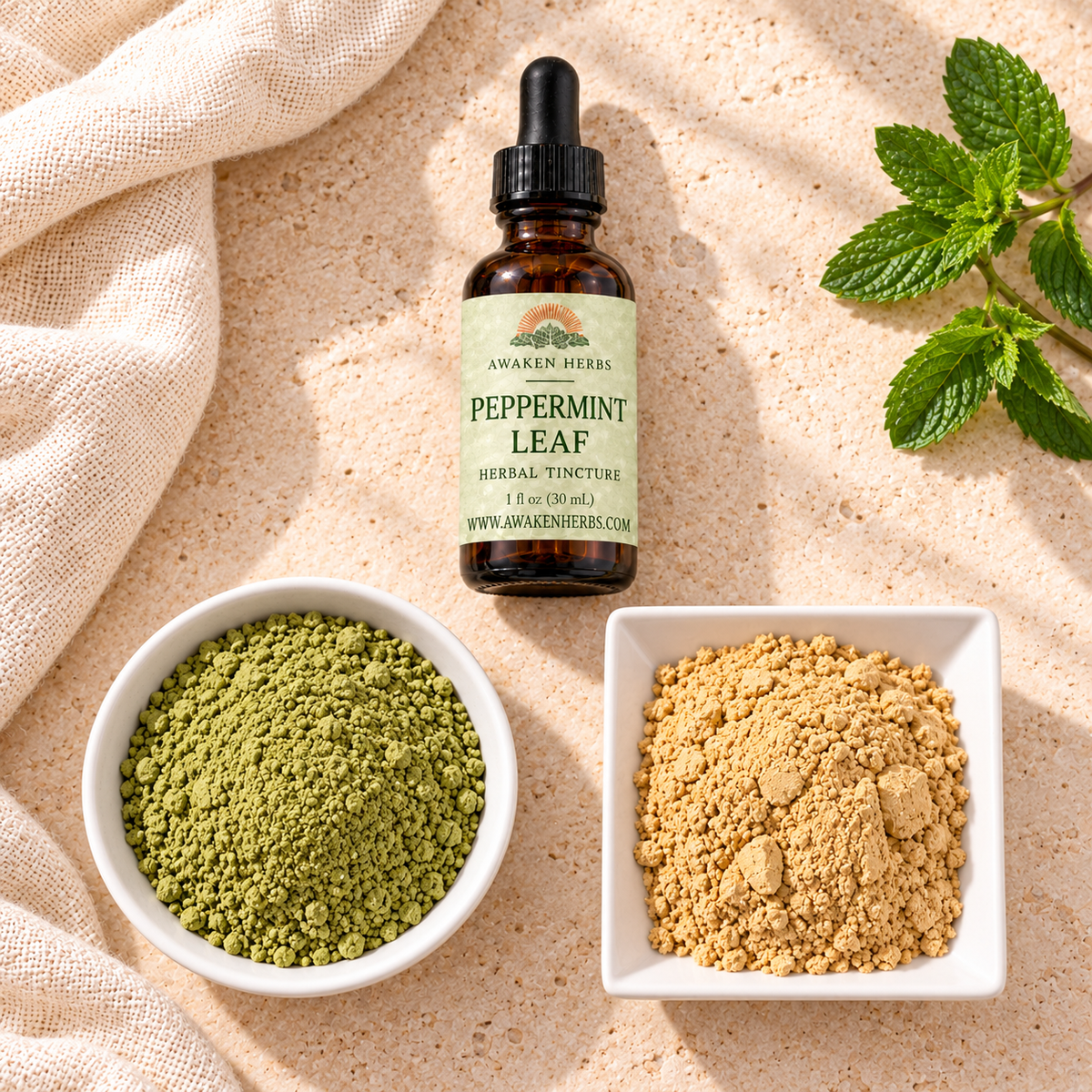 Morning Muse Bundle: Peppermint Leaf tincture, Matcha Tea Powder in a round bowl and Lion's Mane Mushroom Powder in a square dish. View 3.