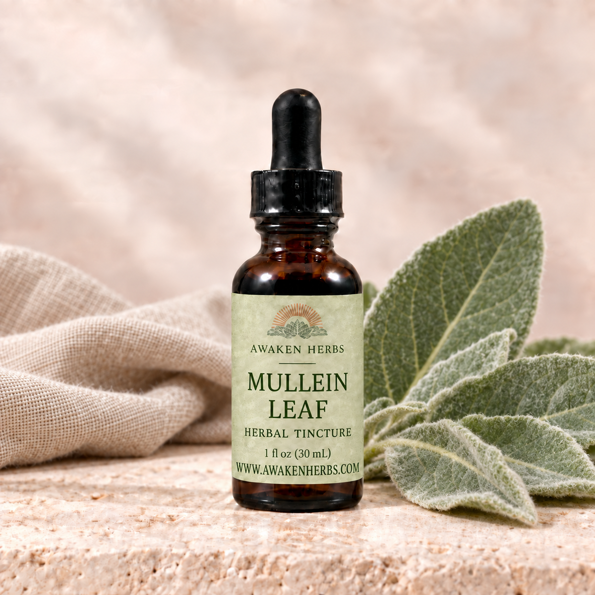 Awaken Herbs Mullein Leaf Tincture, 1 fl oz bottle with mullein leaves