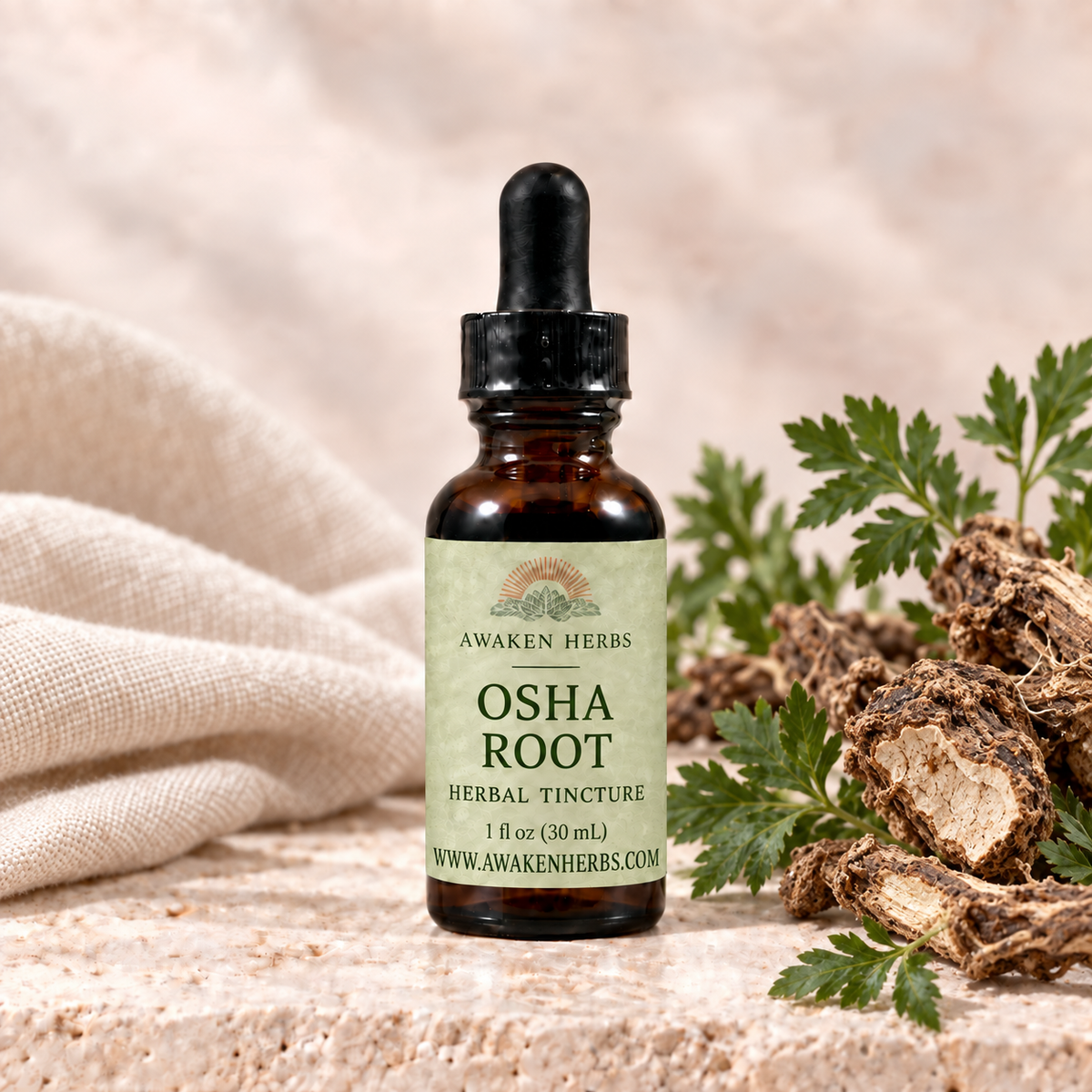 Awaken Herbs Osha Root tincture bottle with botanical styling