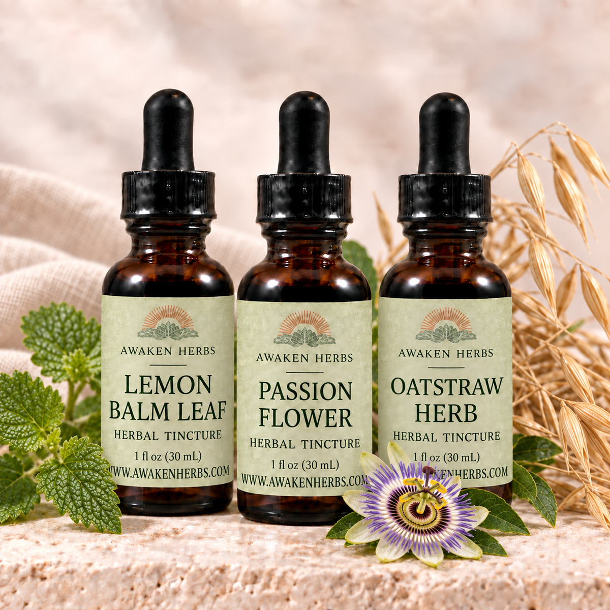 Quiet Evening Bundle: Lemon Balm Leaf, Passion Flower and Oatstraw Herb tinctures with botanical styling.