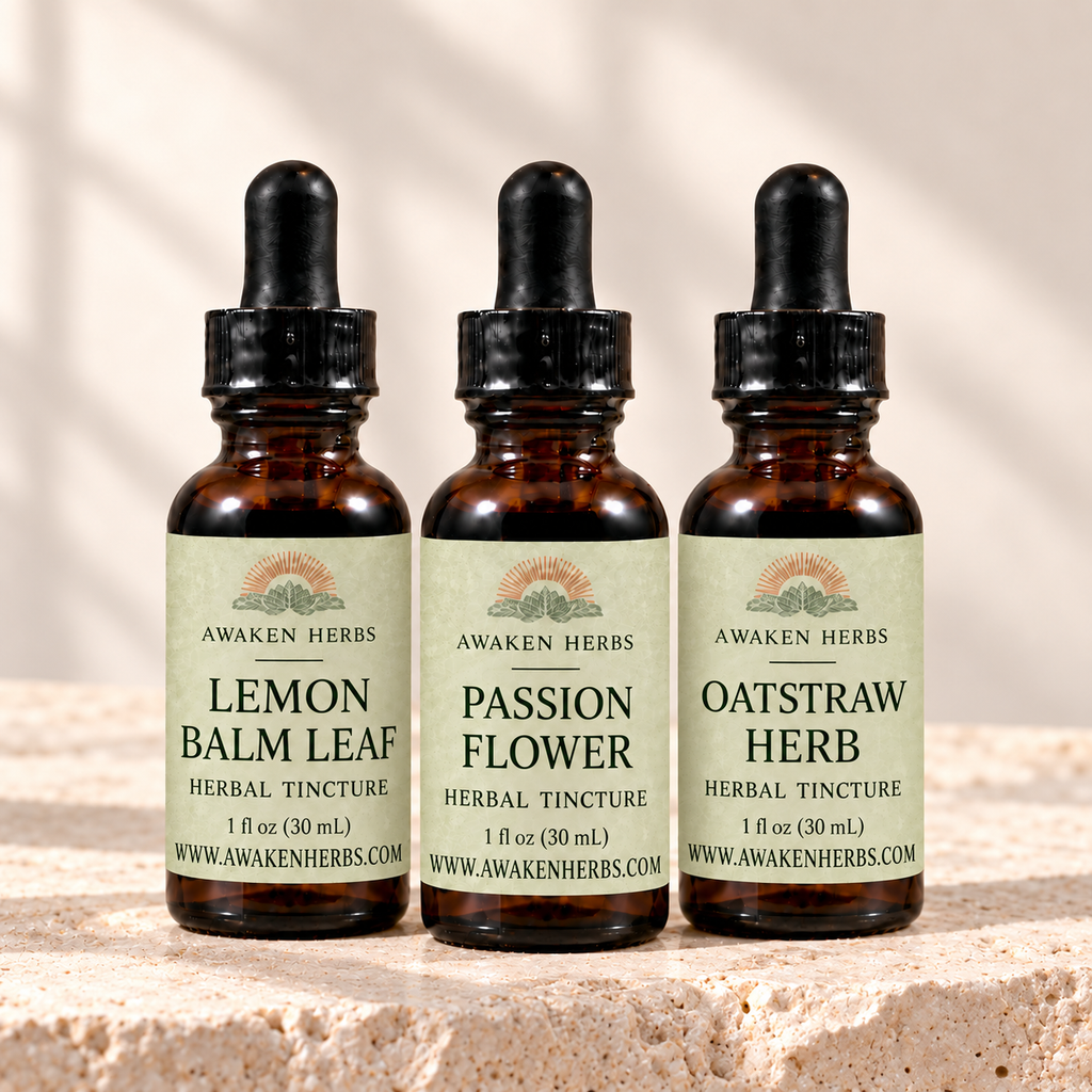 Quiet Evening Bundle: three labeled 1 fl oz tincture bottles on pale stone.