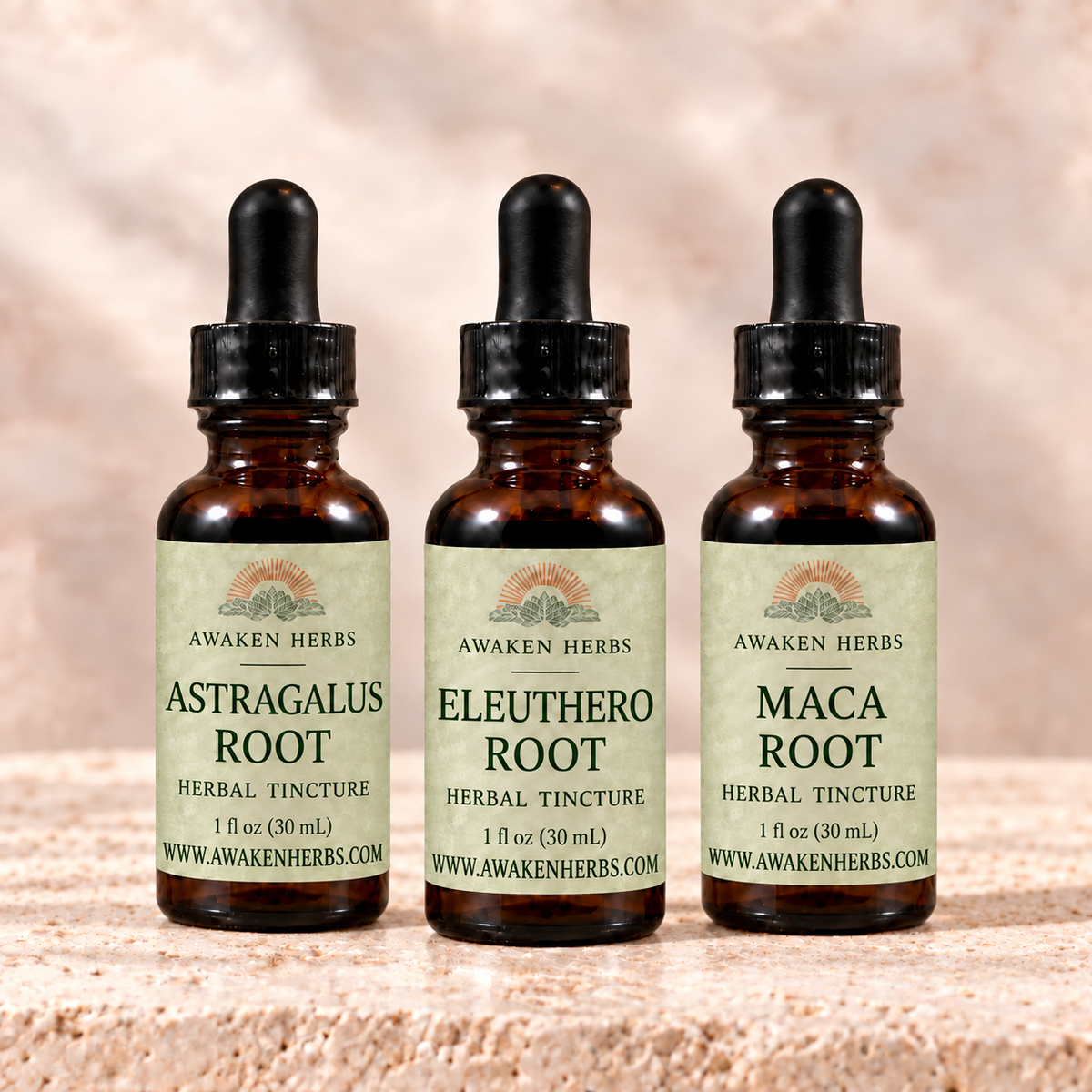 Roots & Rhymes Bundle: three labeled 1 fl oz tincture bottles on pale stone.