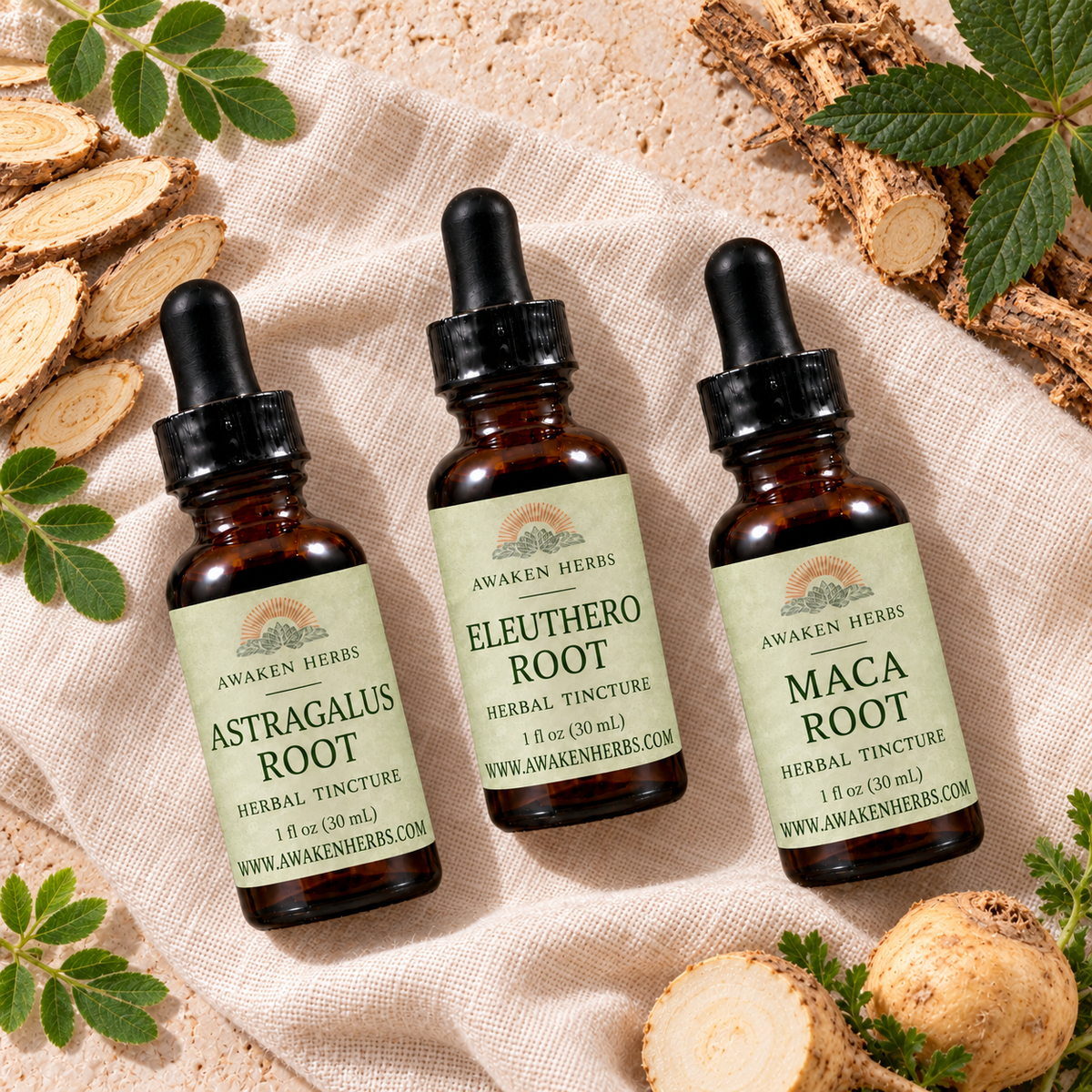 Roots & Rhymes Bundle: overhead view of three labeled tincture bottles on ivory linen.