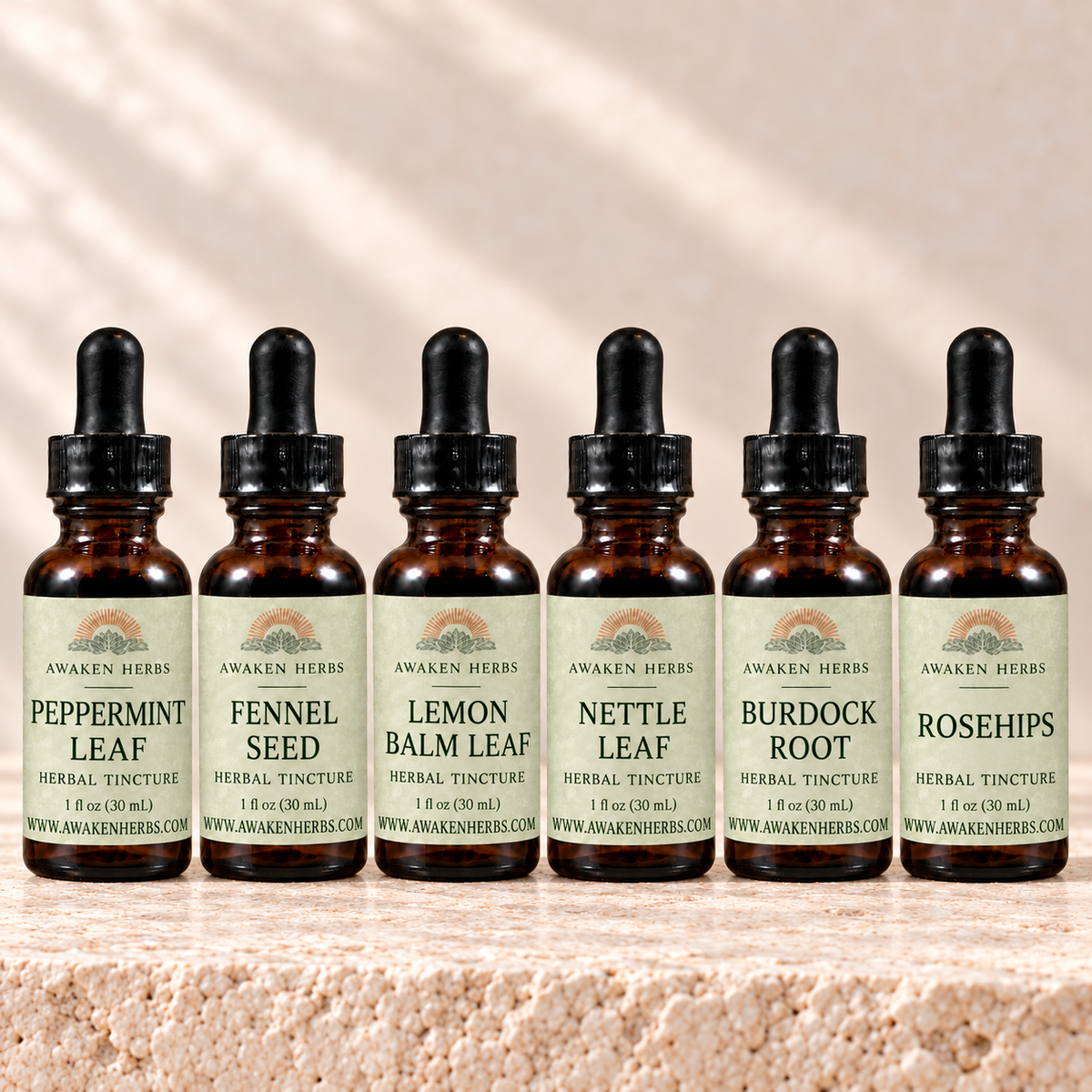 The Tincture Cabinet: six labeled 1 fl oz bottles of Peppermint Leaf, Fennel Seed, Lemon Balm Leaf, Nettle Leaf, Burdock Root and Rosehips tinctures. View 2.